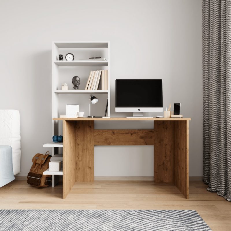 Aden – Oak, White – Биро за учење и полица за книги