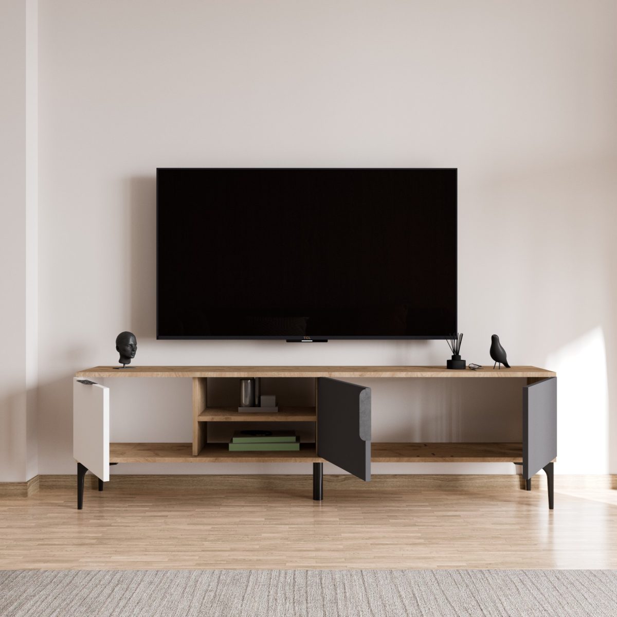 Tarz - White, Anthracite, Oak – ТВ комода - Image 2