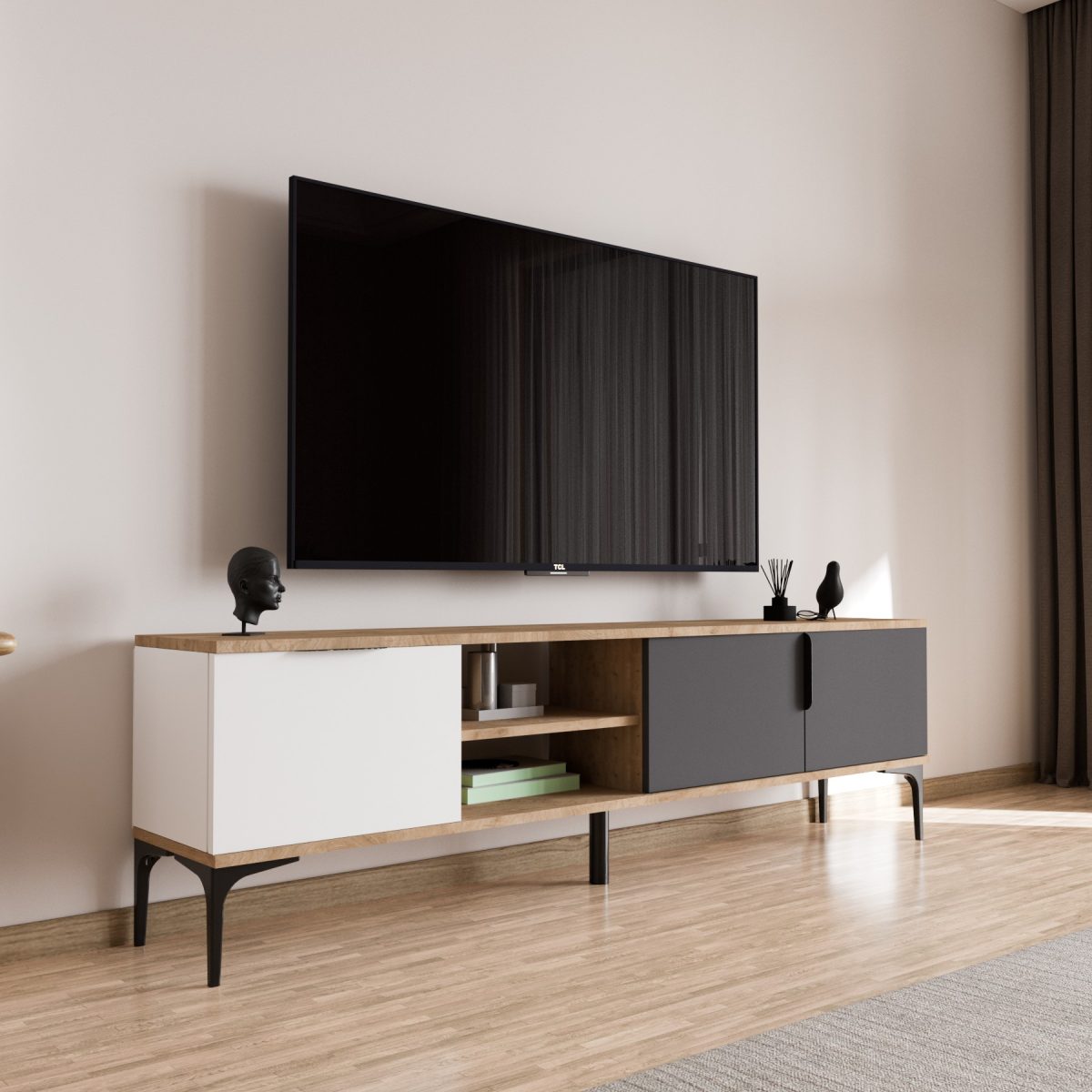 Tarz - White, Anthracite, Oak – ТВ комода - Image 3