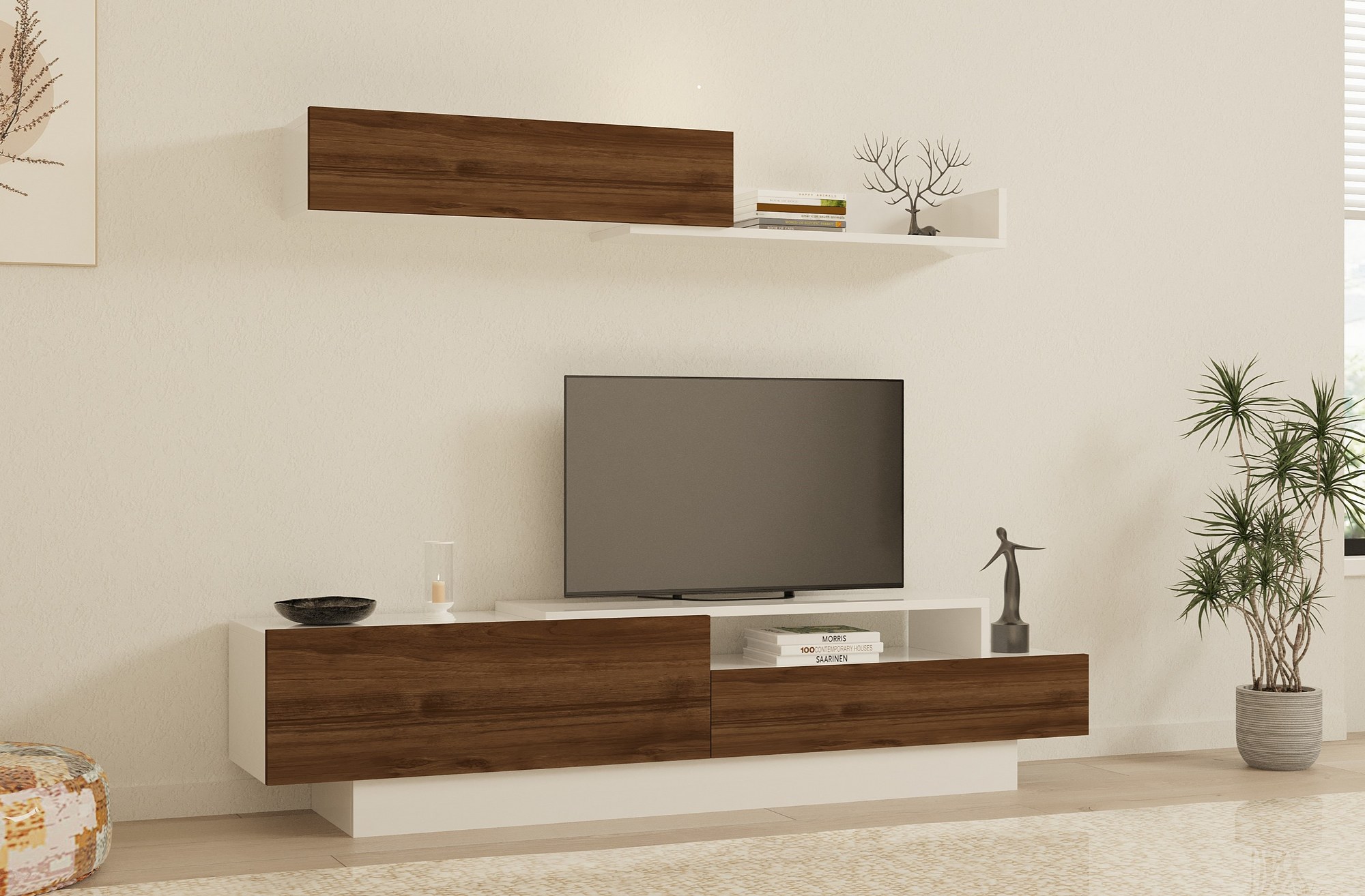 835PUQ300820-201.jpg Elda - White, Walnut – ТВ комода - Image 1