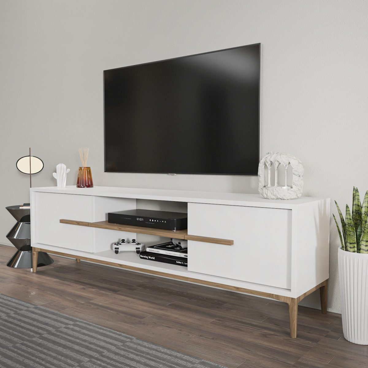 Eslem - White, Walnut – ТВ комода - Image 2