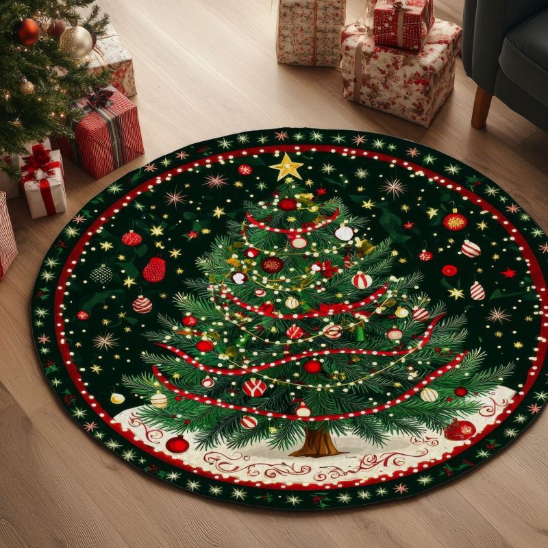 Christmas tree skirt, with embroidered reindeer, spread under a