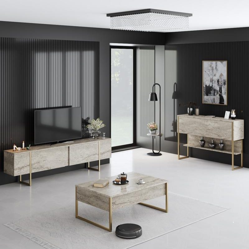 Luxe Set – Travertine, Gold – Комплет мебел за дневна соба – Травертин Злато
