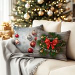 A cozy living room with a Christmas tree twinkling in the backgr