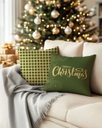 A cozy living room with a Christmas tree twinkling in the backgr