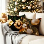 A cozy living room with a Christmas tree twinkling in the backgr