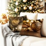 A cozy living room with a Christmas tree twinkling in the backgr